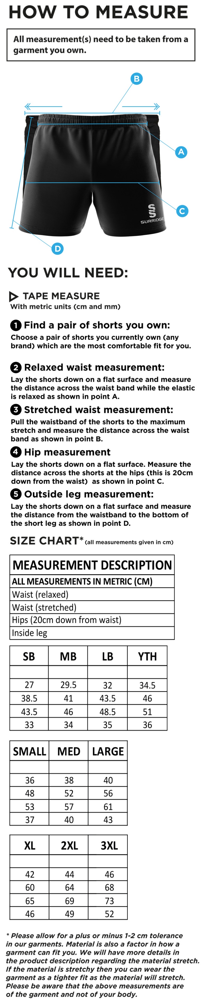 Barrowby CC Performance Gym Short : Navy - Size Guide