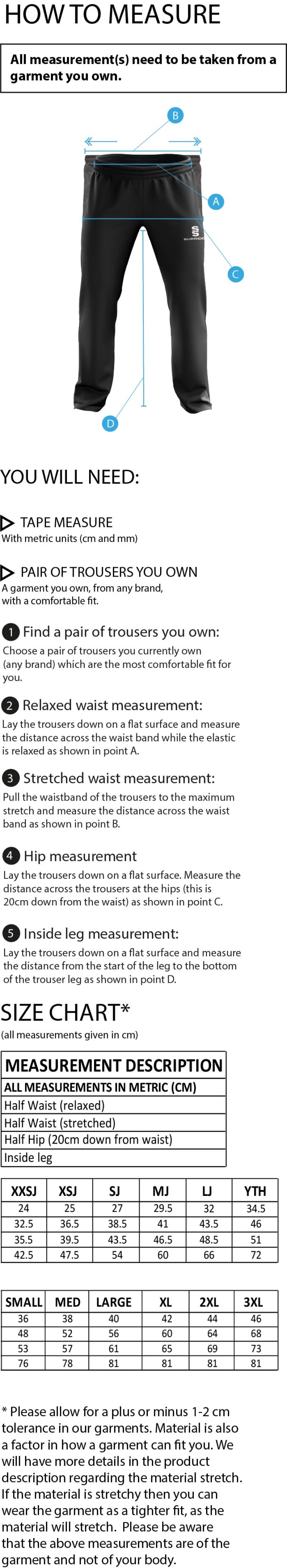 BARROWBY CC POPLIN TRACK PANT WITH LYCRA - Size Guide