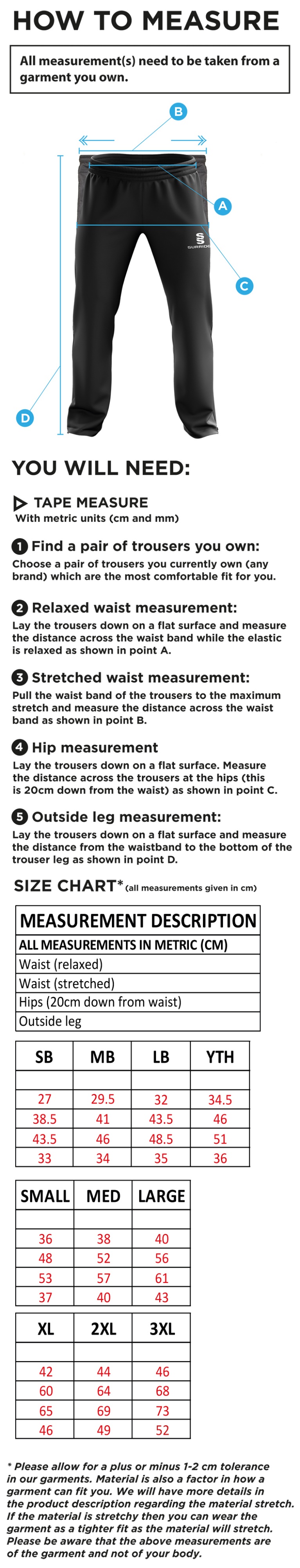 Barrowby CC Rip Stop Track Pant : Navy - Size Guide