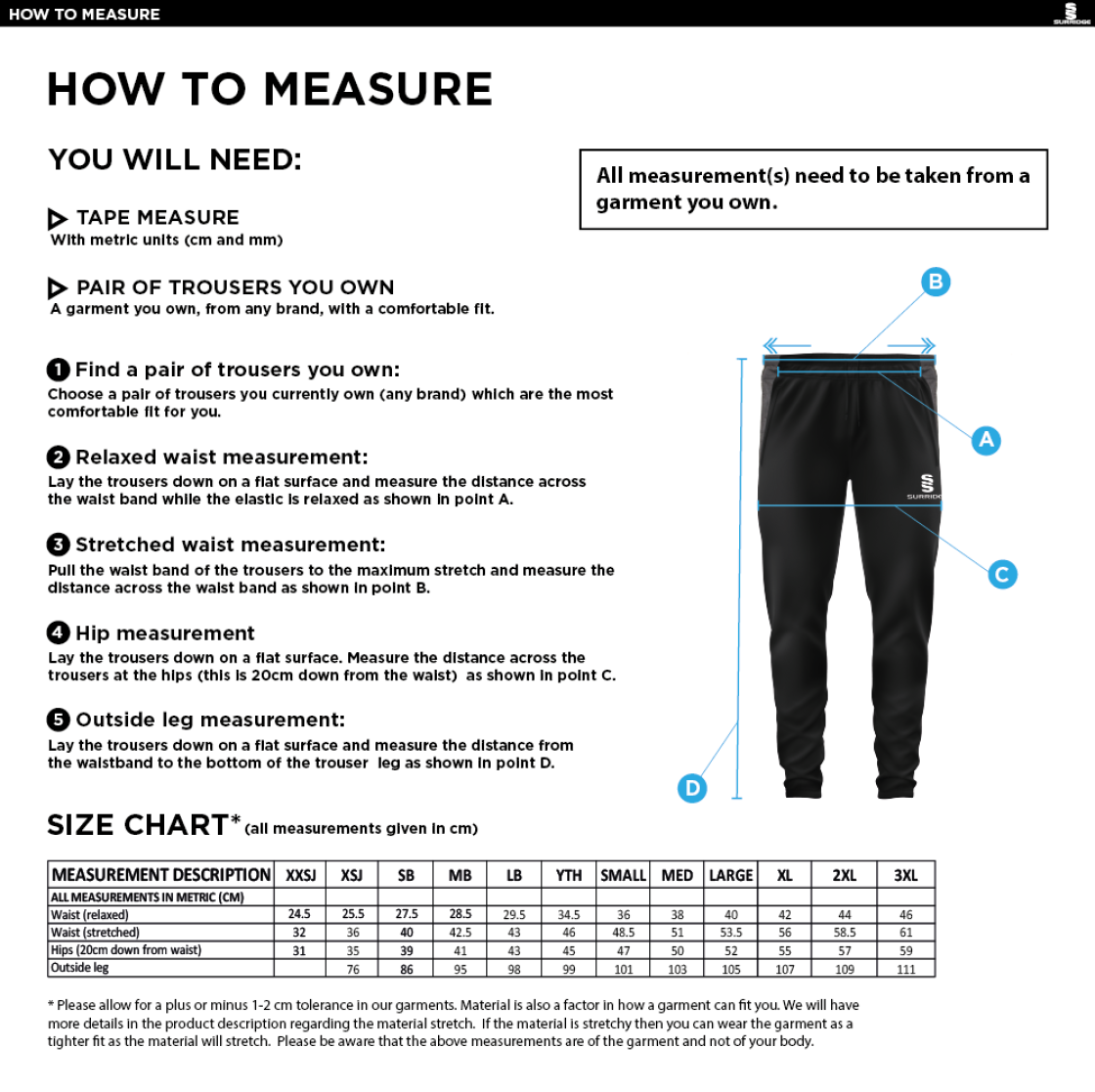 Barrowby CC Tek Slim Training Pants : Navy - Size Guide