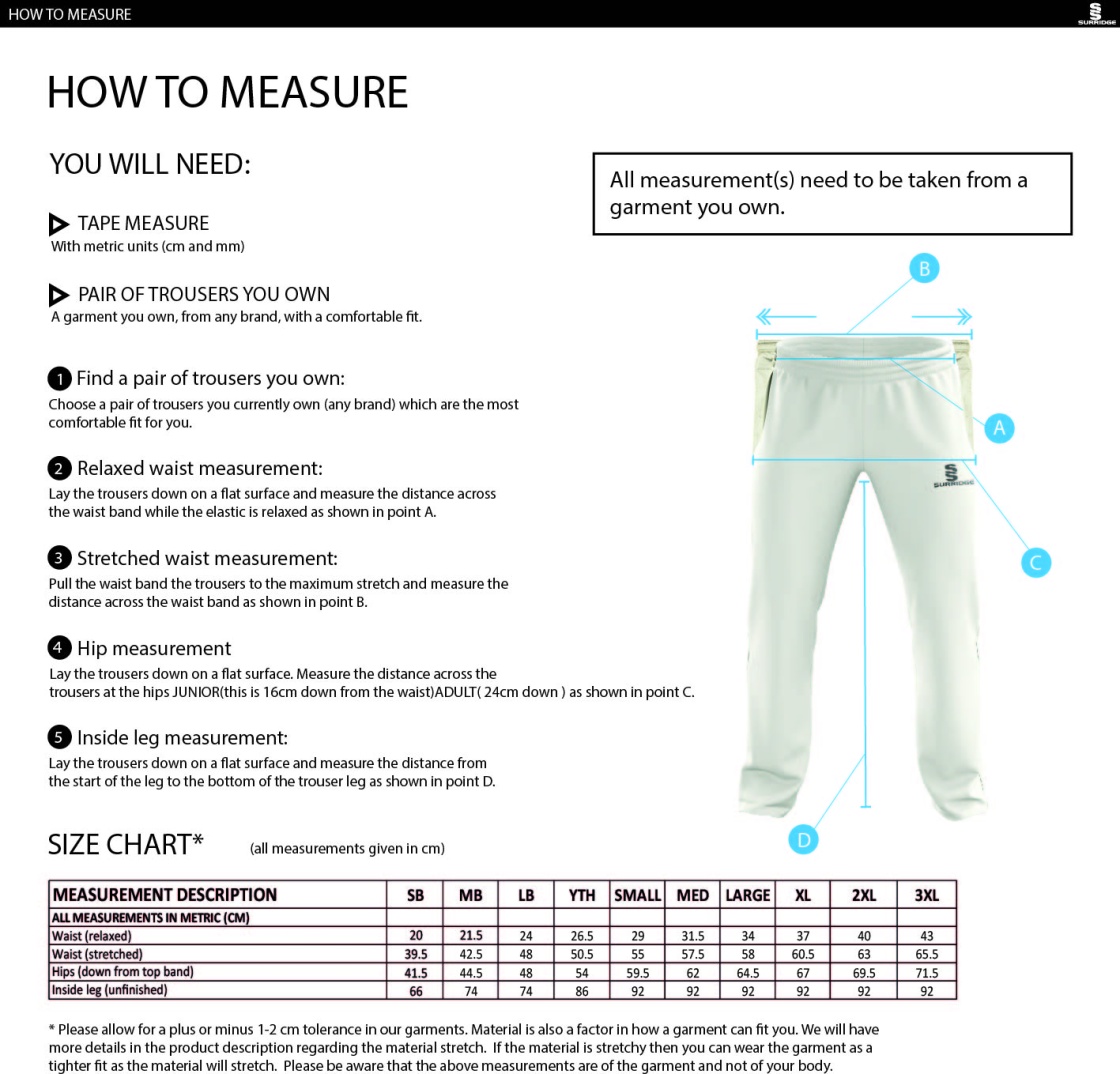 Barrowby CC Standard Playing Pant - Size Guide