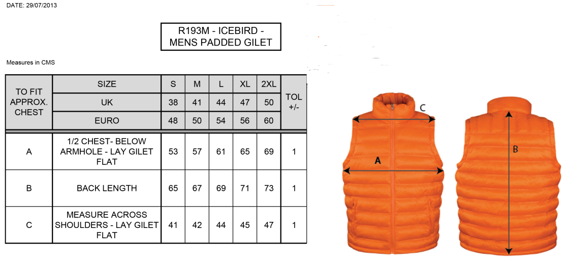 Barrowby Cricket Club Padded Gilet - Size Guide