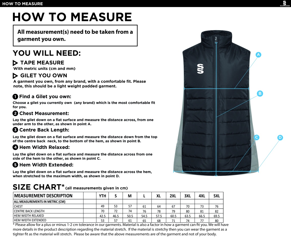BARROWBY CC ACTIVE GILET - NAVY - Size Guide
