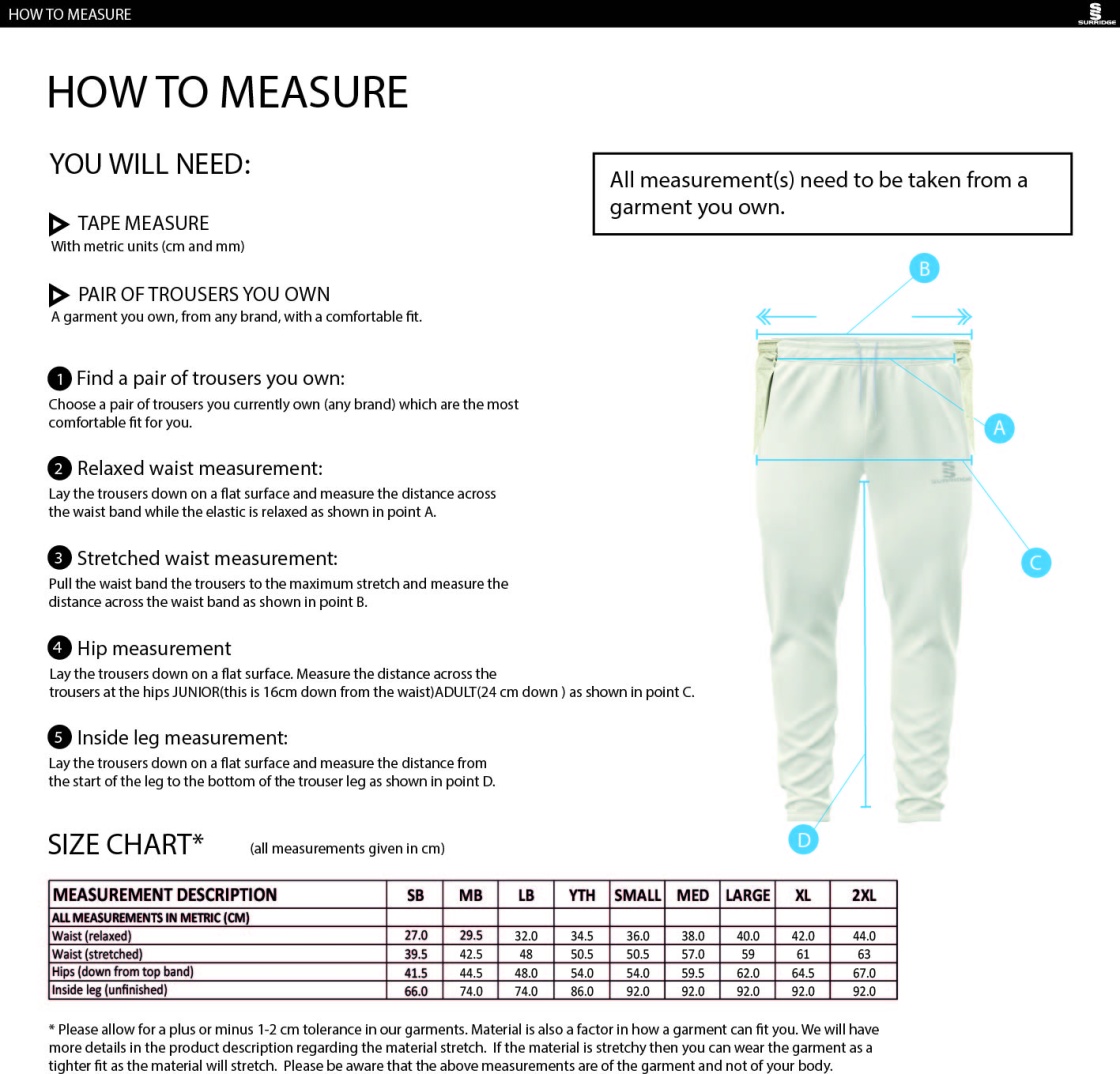 Barrowby CC Coloured Cricket Trousers - Size Guide