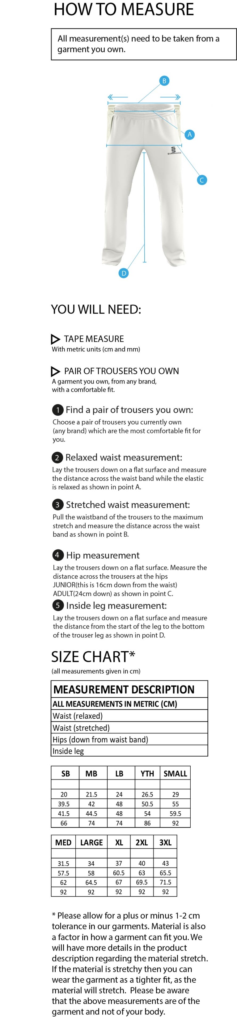 Barrowby CC Standard Playing Pant - Size Guide