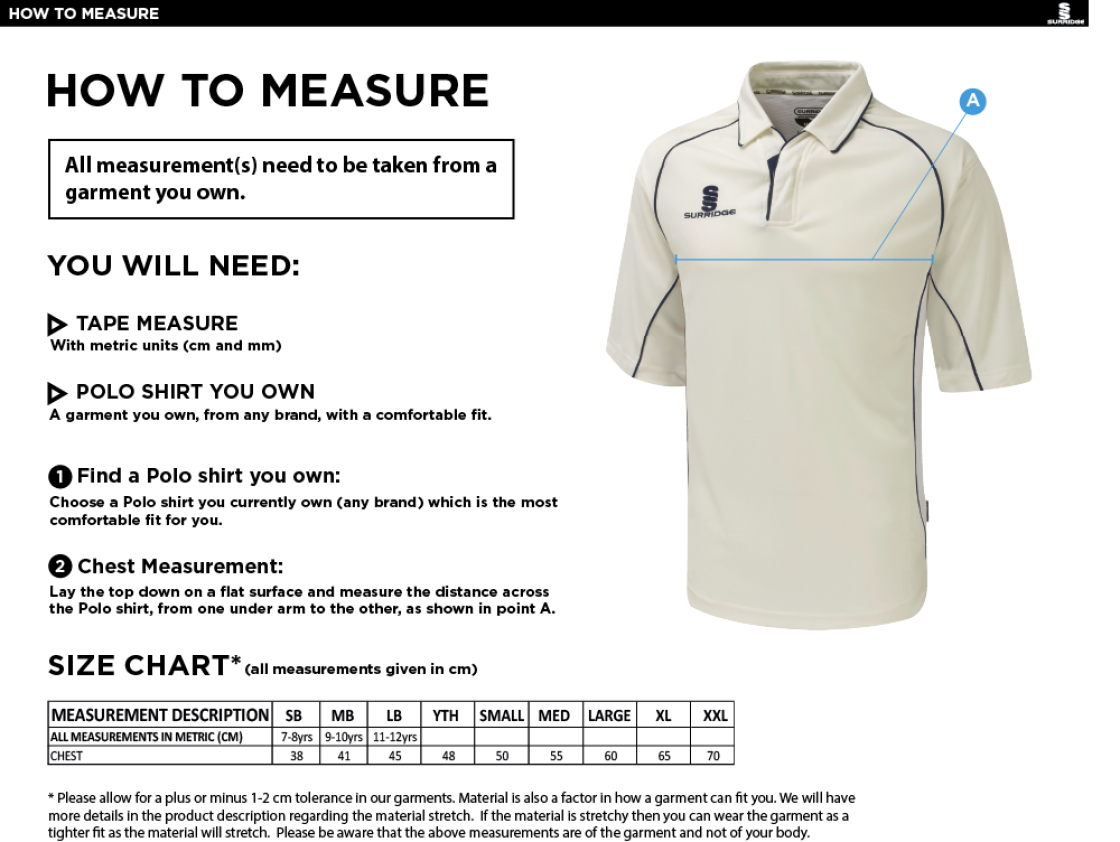 Barrowby CC Dual Premier Short Sleeve Shirt - Size Guide