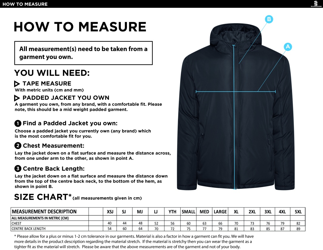 Barrowby CC Ct Padded Jacket : Navy - Size Guide