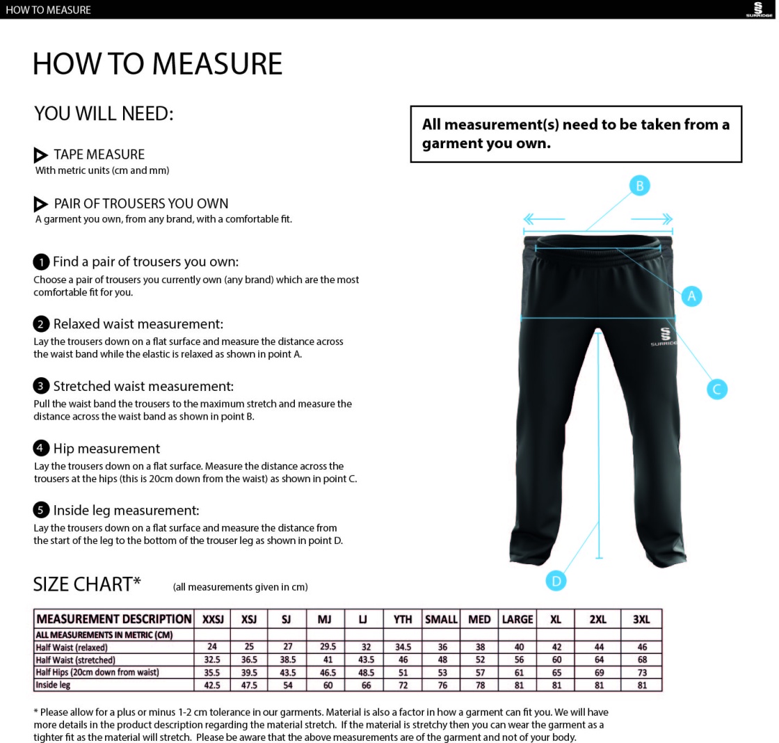 BARROWBY CC POPLIN TRACK PANT WITH LYCRA - Size Guide