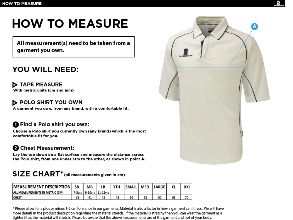 Barrowby Cricket Club Premier 3/4 Sleeve Playing Shirt - Navy Trim - Size Guide