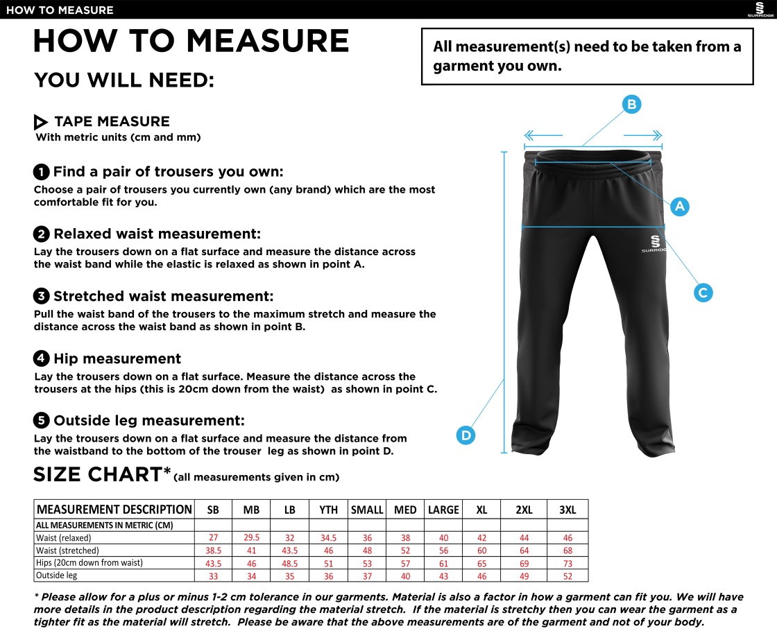 Barrowby CC Rip Stop Track Pant : Navy - Size Guide