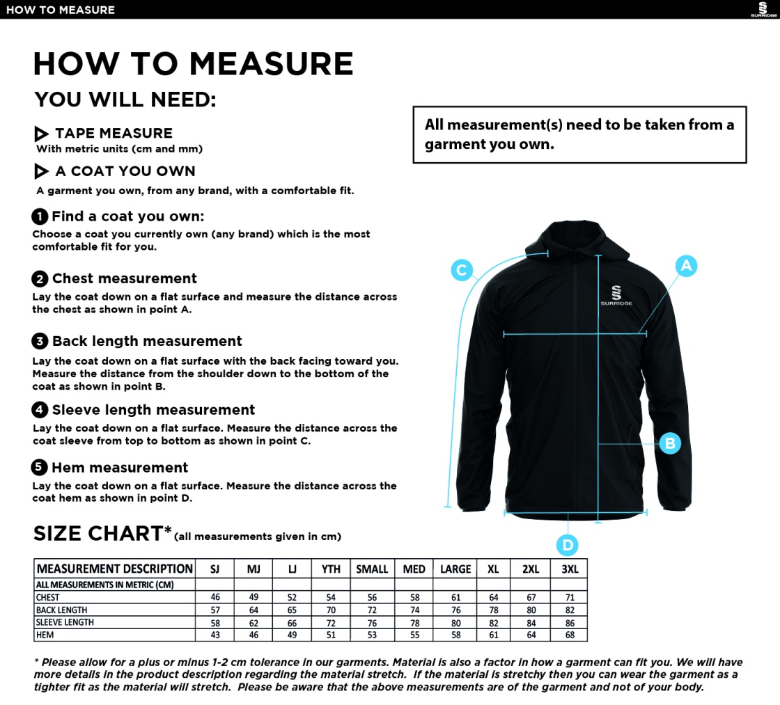 BORROWBY CC Dual Elite 1/4 Zip Hoody / Rain Jacket - Size Guide