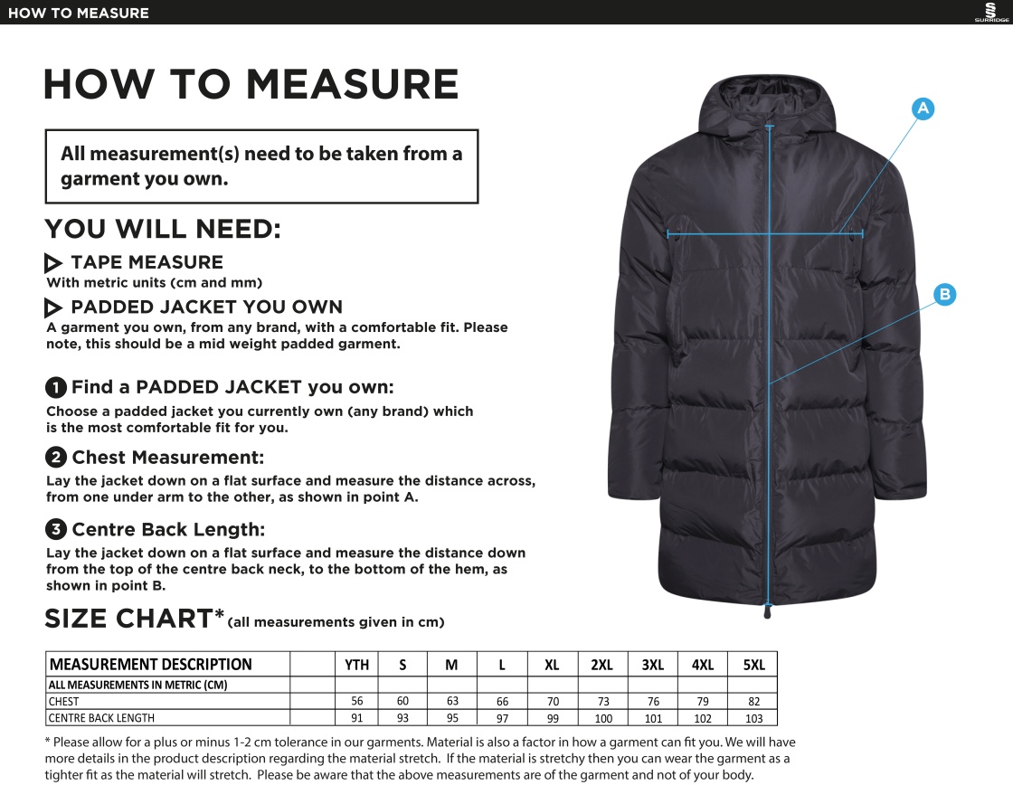 Barrowby CC Full Length Sub Coat - Size Guide