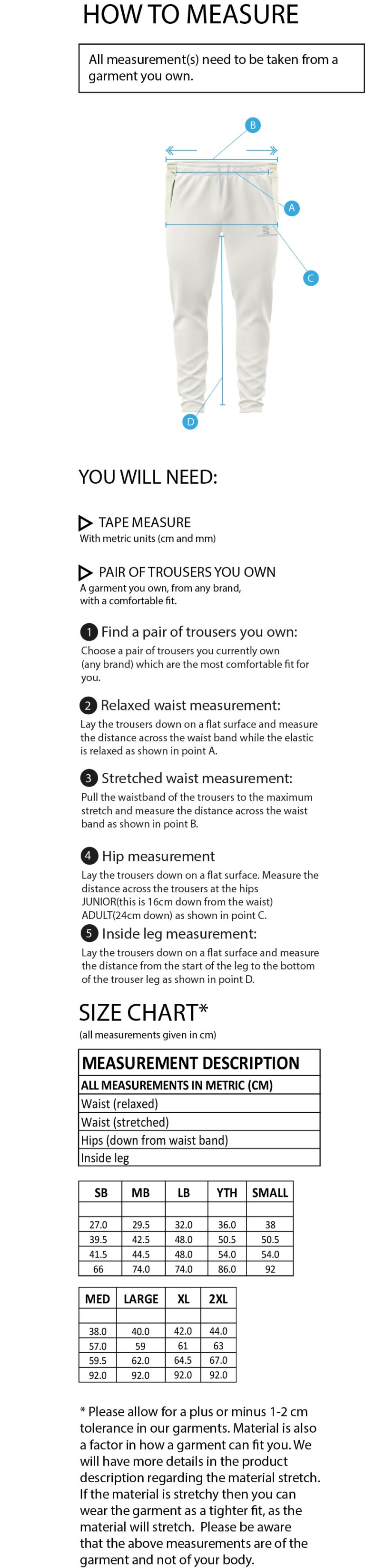 Barrowby CC Playing Cricket Trousers - Size Guide