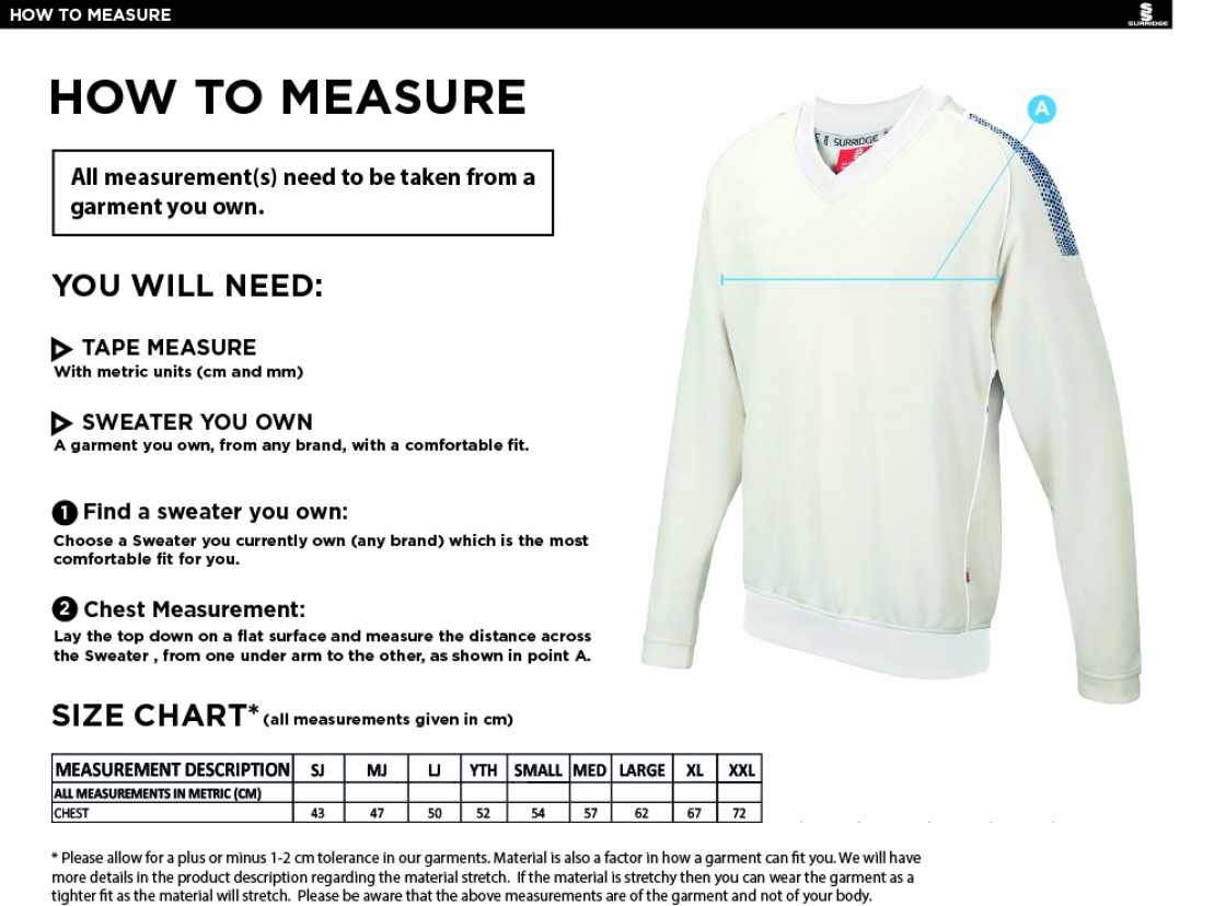 Barrowby CC Dual Long Sleeve Sweater - Size Guide