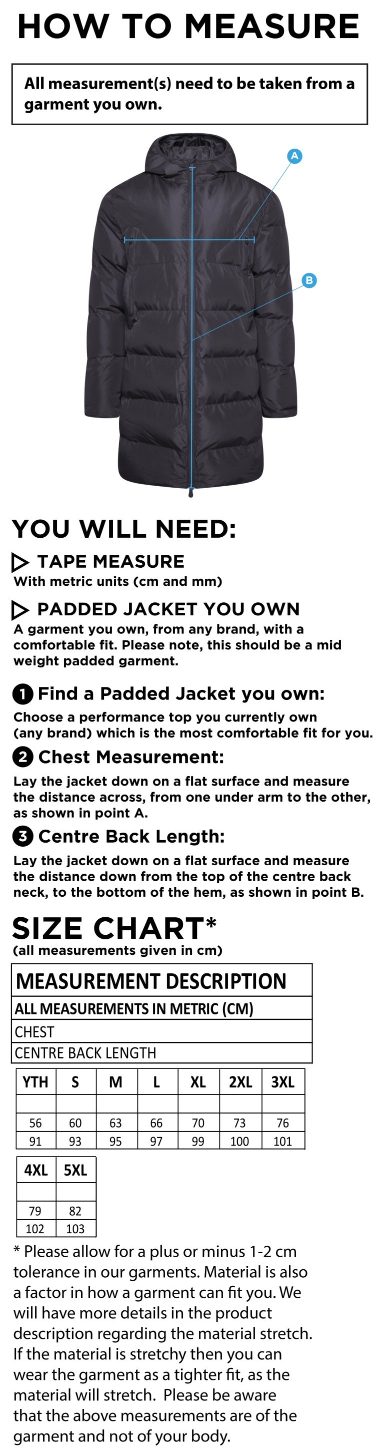 Barrowby CC Full Length Sub Coat - Size Guide