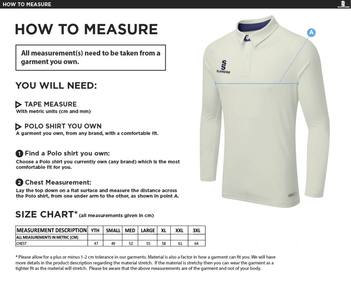 Barrowby Cricket Club Ergo Long Sleeve Playing Shirt - Navy Trim - Size Guide